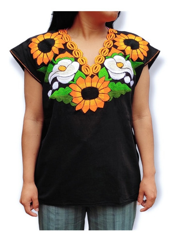 Blusa Artesanal Girasol Y Lirios Altos De Chiapas