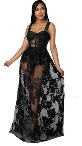 Vestido Lencero No Elástico Ajustado Transparente Bordado