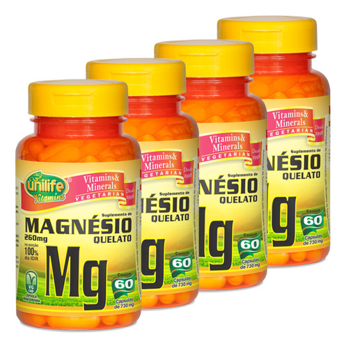 Kit 4 Magnésio Quelato    60 Capsulas - 240 Capsulas