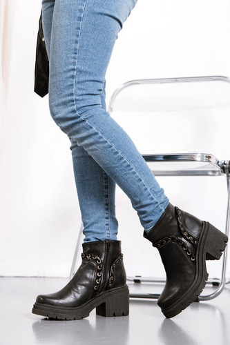 Botas Mujer Botinetas Taco Medio Ancho Eco Cuero Cierre Evi