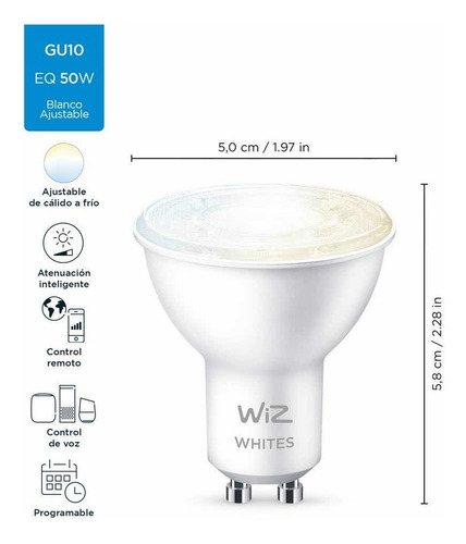 Imagen 3 de 9 de Dicroico Wiz Led Gu10 Cálido/frío Wi-fi Google Alexa