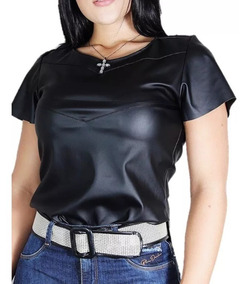 blusa de couro manga curta