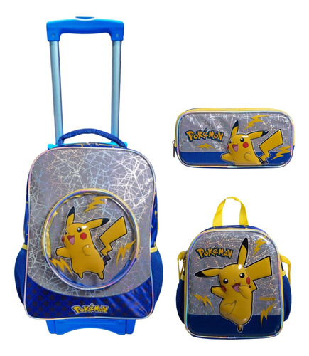 Kit Mochila Primaria Ruz Pokemon Con Ruedas Azul Liso