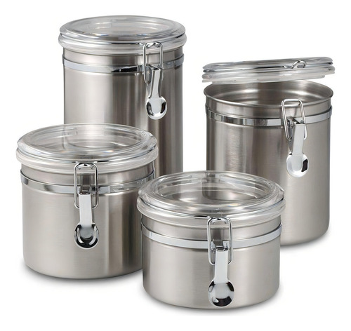Kit 4 Potes Herméticos Inox Com Tampa Transparente E Trava