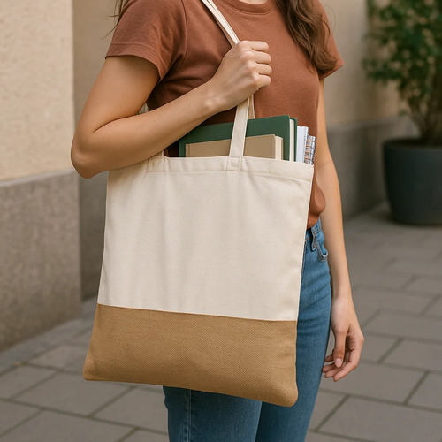 Kit 3 Bolsas Ecológica Ecobag Algodão Com Detalhe Em Juta Cor Natural
