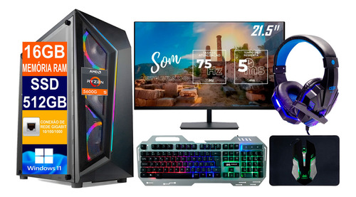 Pc Gamer Cpu Ryzen 5 5600g / Ssd 512gb, 16gb + Monitor 21.5p