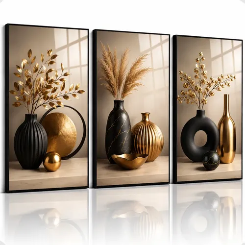 Kit Quadro Decorativo Trio Geométrico Abstrato Vasos De Luxo Preto