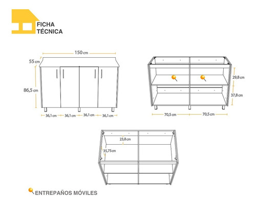 Imagen 5 de 8 de Módulo Base Cocina 1,5 Mts Casalista®