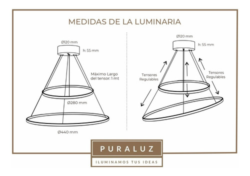 Imagen 4 de 10 de Lampara Colgante Led Circular Doble 28/44 50w 2 Luces Araña