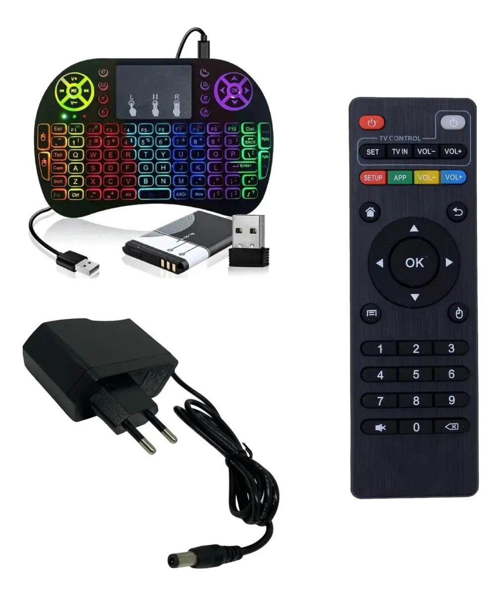 Kit Tv Box Controle Remoto Fonte De Alimentação Mini Teclado