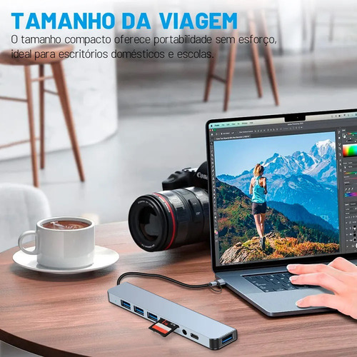 Adaptador Hub Usb E Tipo C Extensor 8 Em 1 Com Leitor Cartão