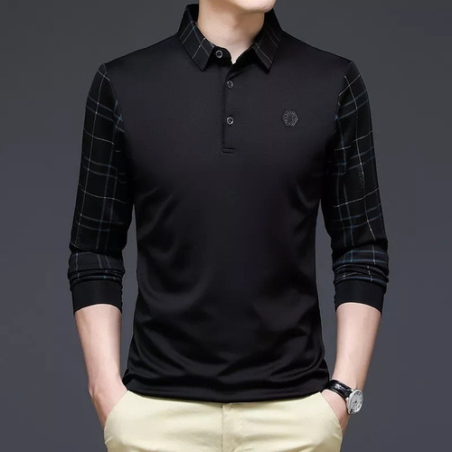 Camisa Polo De Color Sólido Manga Larga Hombres Moda Coreana