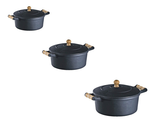 Kit 3 Caçarolas De Ferro Alça De Madeira Lib Nº 18, 22 , 24 Cor Preto