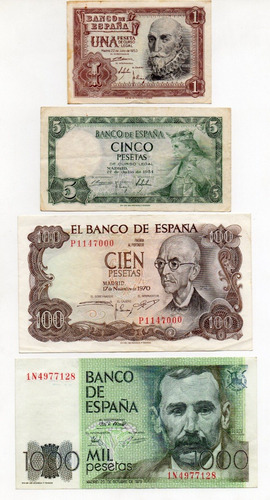 Descripción: 4 Billetes De España De 1, 5, 100 Y 1000 Peseta