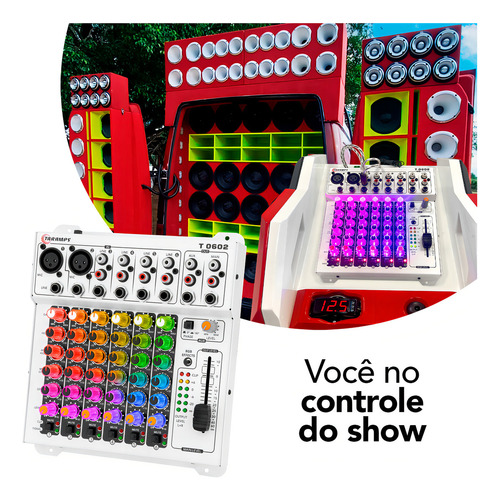 Mesa De Som Taramps T0602 Multicolor Led Rgb Som Automotivo 6 Canais De Entrada Equalização Em 4 Faixas, Graves, Médios, Médio Agudos E Agudos Branca Led On, Clipping E Sinal
