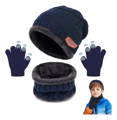 3 Piezas Gorros De Invierno Niños Con Bufanda Y Guantes