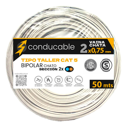 Cable Vaina Chata 2x0,75 Normalizado Iram 50 Mts Conducable Blanco
