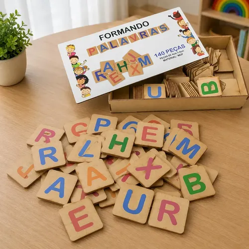 Kit 45 Alfabeto Móvel Mdf Jogo Educativo Formando Palavras