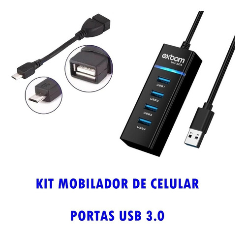 Mobilador Hub 4 Portas 3.0 Otg V8 Teclado Mouse Para Celular