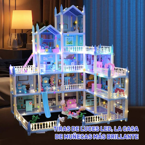 Casa De Muñecas Grande Con Muebles, 16 Cuarto,4 Muñecas,azul