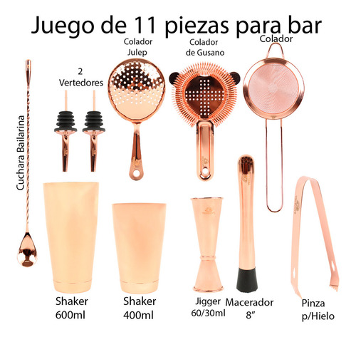 Kit De Utensilios Bartender Shaker Para Coctelería 11 Piezas Color Oro rosado