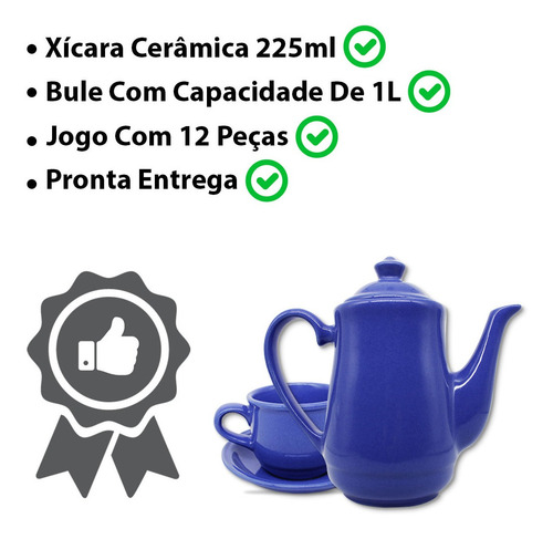 Imagem 2 de 7 de Jogo De Cha Em Ceramica Azul Cafe 12pçs Com Bule Pires