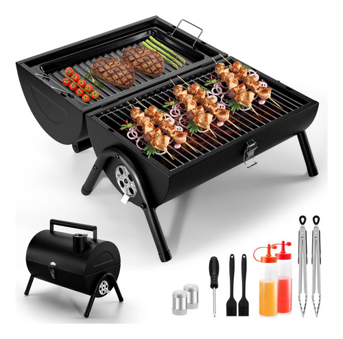 Parrilla Portátil De Carbón 2 En 1 Para Barbacoa Camping Color