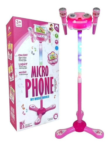 Microfono Doble Karaoke Infantil Luces Juguete Niñas Rosado