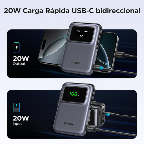 Ugreen Power Bank Inalámbrico 10000mah 20w Pd 7.5w Qi 45327 Color Plateado Plateado