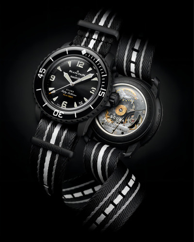 Reloj Swatch Blancpain Scuba Fifty Fathoms, correa negra Ocean Storms, bisel negro, fondo negro