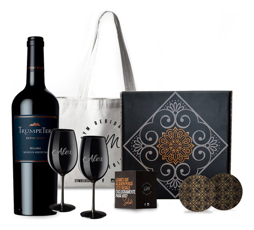 Box Set Vino Trumpeter Malbec Copas Negras Grabadas