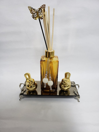 Imagem 5 de 8 de Kit Lavabo Frasco Degrade Ouro Difusor Bandeja Luxo 250ml
