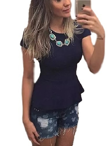 Blusa Babado Peplum Tipo Bandagem Rendada Preto