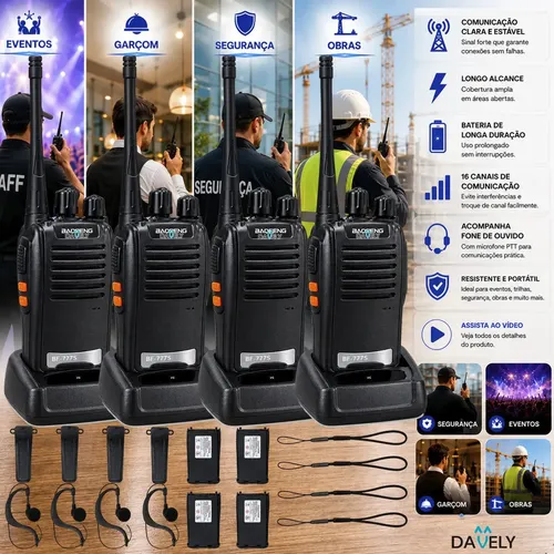 Kit 4 Radios Comunicadores Walkie Talkie Profissional Eventos Ht Uhf Radinho Walk Talk Com Fone Microfone E Acessorios Comunicacao Segura Longo
