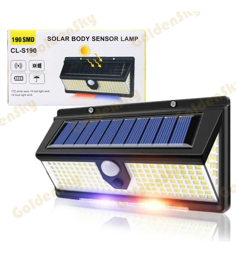Luminária Solar Parede 190 Led Rwb Sensor Presença 4 Funções Estrutura Preto Com Dois bateria 3,7v