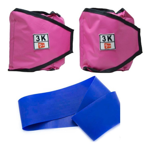 Kit Caneleira/tornozeleira Peso 3kg Rosa+mini Band Leve Azul