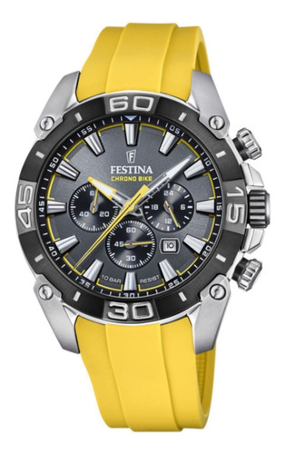 Reloj pulsera Festina Chrono Bike F20544/3 de cuerpo color plateado, analógico, para hombre, fondo gris, con correa de goma color amarillo, agujas color plateado y blanco y amarillo, dial gris y blanco, subesferas color negro y gris, minutero/segundero blanco, bisel color negro y hebilla simple