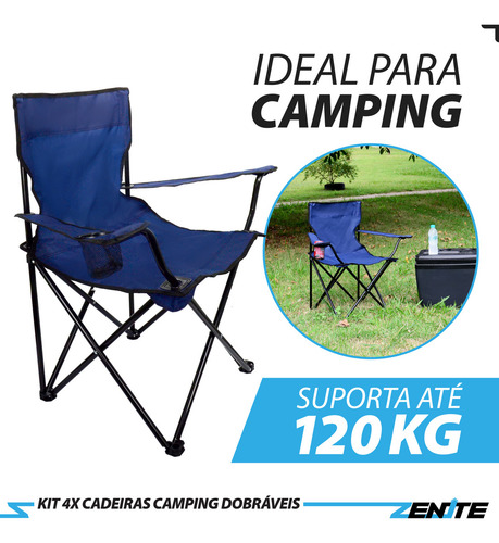 Kit 4 Cadeiras Praia Camping Dobrável Braço C/ Porta Copos + Bolsa Azul Zenite