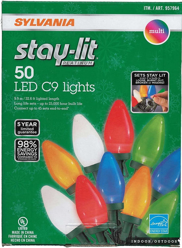 Sylvania Stay-lit Platinum, Luces Festivas Led C-9 Multicolo