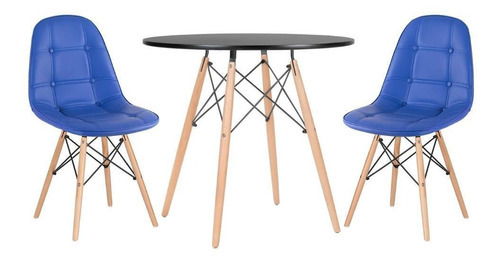 Kit Mesa Jantar Eames Wood 80 Cm 2 Cadeiras Estofada Botonê Cor Mesa Preto Com Cadeiras Azul