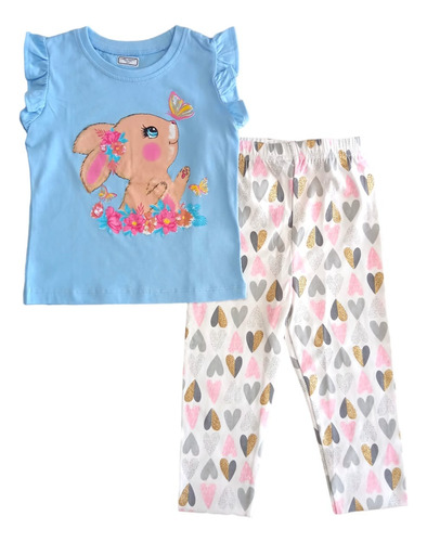 Conjunto Niña Blusa Conejo Y Malla - Leggins Corazones