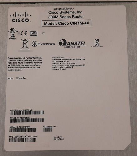 Roteador Cisco 800 - 841 Mod. C841m-4x/k9 C/placa Ser Wim-1t (Usado)