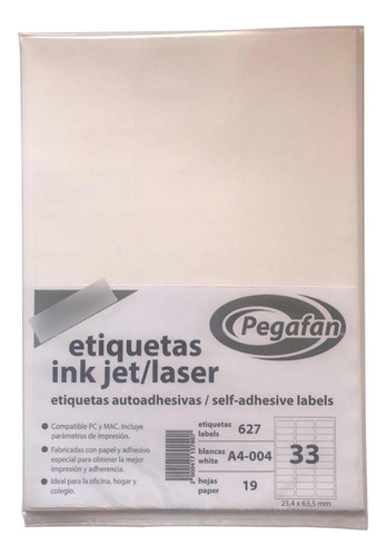 Etiquetas Adhesivas Inkjet A4-004 (25,4x63,5mm) 627etq 33hjs