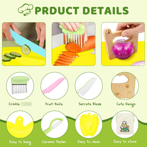 Juego De Cuchillos De Cocina Para Niños 11 Piezas Bordes Den Rosa, Azul, Verde, Amarillo