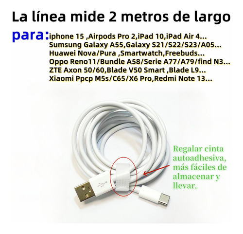 Cable Tipo C Carga Rapida Para Iphone15 Samsung Huawei 2m 6a