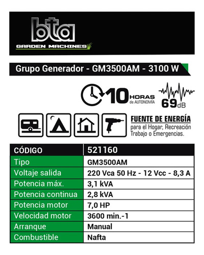 Grupo Electrógeno Generador Bta 7.0hp 3100w Gm3500am