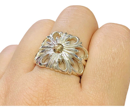 Ao 111  Anillo Flor Grande Plata Y Oro