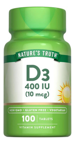 Nature's Truth Suplemento de Vitamina D3 10 mcg 400UI por cada tableta Frasco con 100 Tabletas Sin sabor para 3 meses