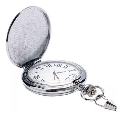 Reloj De Bolsillo A Bateria Plateado Leontina Circular Caja