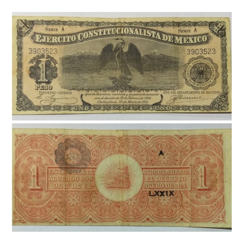 Billete Serie A. Chihuahua. Ejercito Const. V. Carranza. $1.